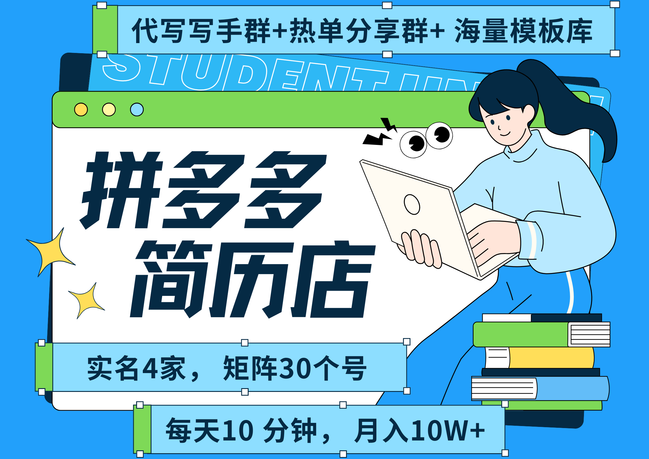 拼多多 虚拟资料 简历 海报代写 全SOP流程 毫无保留分享（含后端资料以及代写渠道）每天十分钟 每人实名四个店  矩阵30个账号  轻轻松松 月入10W